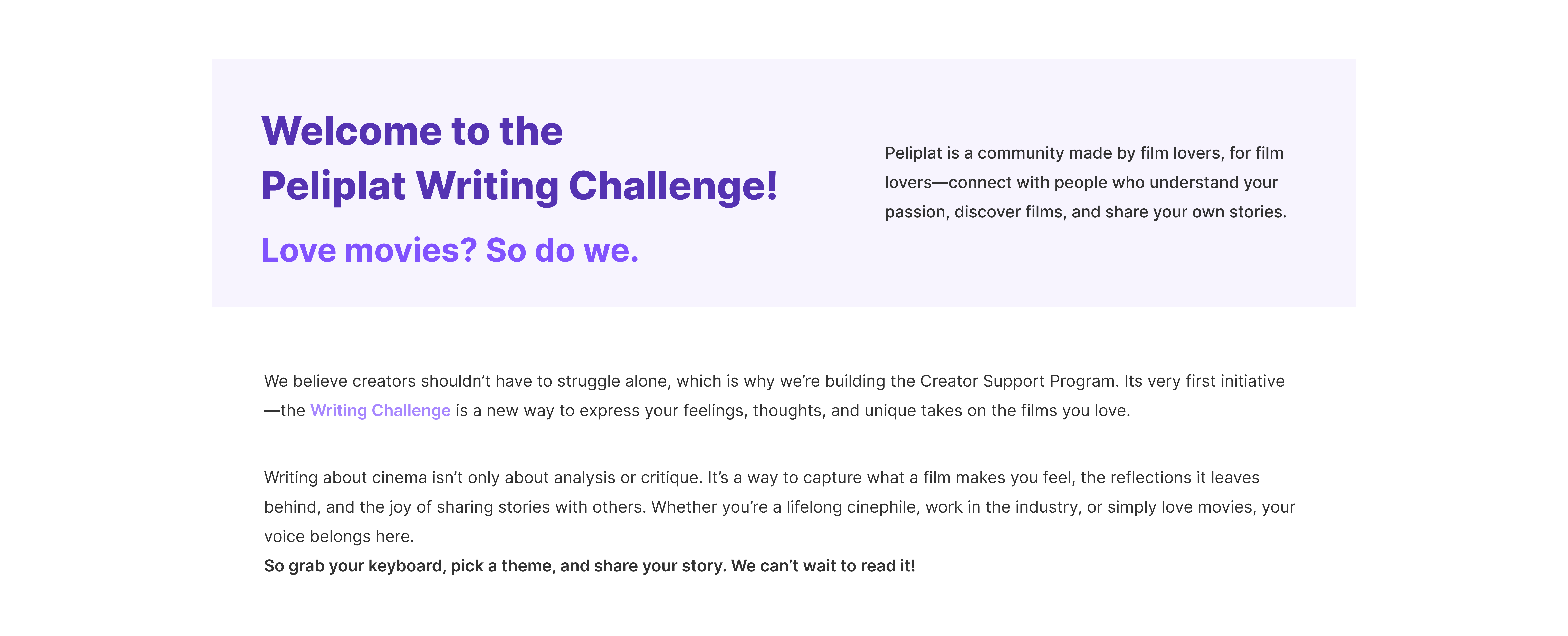 Welcome to the Peliplat Writing Challenge